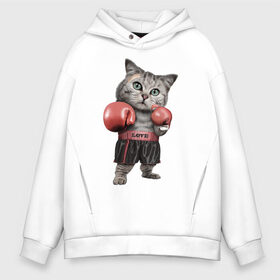 Мужское худи Oversize хлопок с принтом Кот боксёр в Новосибирске, френч-терри — 70% хлопок, 30% полиэстер. Мягкий теплый начес внутри —100% хлопок | боковые карманы, эластичные манжеты и нижняя кромка, капюшон на магнитной кнопке | боец | бокс | боксёр | кот | котёнок | кошак | кошка | кулак | спорт | шорты