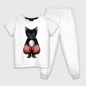 Детская пижама хлопок с принтом Котёнок боксёр в Новосибирске, 100% хлопок |  брюки и футболка прямого кроя, без карманов, на брюках мягкая резинка на поясе и по низу штанин
 | Тематика изображения на принте: боец | бокс | боксёр | кот | котёнок | кошак | кошка | кулак | спорт | шорты