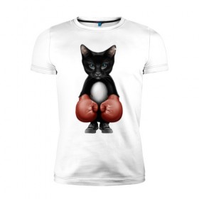 Мужская футболка премиум с принтом Котёнок боксёр в Новосибирске, 92% хлопок, 8% лайкра | приталенный силуэт, круглый вырез ворота, длина до линии бедра, короткий рукав | боец | бокс | боксёр | кот | котёнок | кошак | кошка | кулак | спорт | шорты