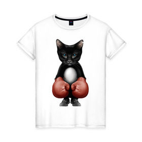 Женская футболка хлопок с принтом Котёнок боксёр в Новосибирске, 100% хлопок | прямой крой, круглый вырез горловины, длина до линии бедер, слегка спущенное плечо | боец | бокс | боксёр | кот | котёнок | кошак | кошка | кулак | спорт | шорты