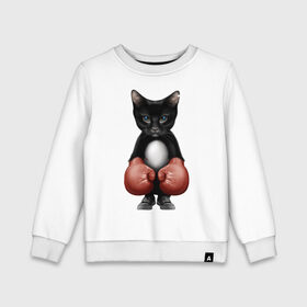 Детский свитшот хлопок с принтом Котёнок боксёр в Новосибирске, 100% хлопок | круглый вырез горловины, эластичные манжеты, пояс и воротник | боец | бокс | боксёр | кот | котёнок | кошак | кошка | кулак | спорт | шорты
