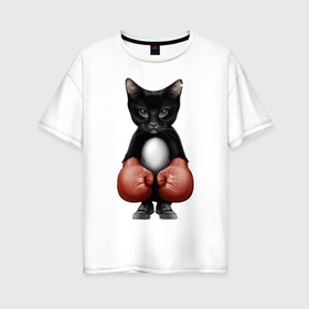 Женская футболка хлопок Oversize с принтом Котёнок боксёр в Новосибирске, 100% хлопок | свободный крой, круглый ворот, спущенный рукав, длина до линии бедер
 | боец | бокс | боксёр | кот | котёнок | кошак | кошка | кулак | спорт | шорты