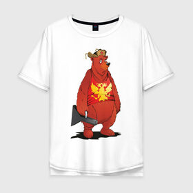 Мужская футболка хлопок Oversize с принтом Мишка с футляром в Новосибирске, 100% хлопок | свободный крой, круглый ворот, “спинка” длиннее передней части | Тематика изображения на принте: балалайка | красный | медведь | патриот | россия | русь | ушанка | футляр