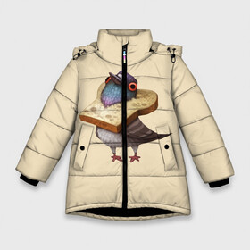 Зимняя куртка для девочек 3D с принтом Голубь и Хлебушек в Новосибирске, ткань верха — 100% полиэстер; подклад — 100% полиэстер, утеплитель — 100% полиэстер. | длина ниже бедра, удлиненная спинка, воротник стойка и отстегивающийся капюшон. Есть боковые карманы с листочкой на кнопках, утяжки по низу изделия и внутренний карман на молнии. 

Предусмотрены светоотражающий принт на спинке, радужный светоотражающий элемент на пуллере молнии и на резинке для утяжки. | bird | birds | bread | dove | doves | fly | wing | wings | голуби | голубь | клюв | когти | крыло | крылышки | крылья | полет | птица | птицы | птичка | птички | хлеб