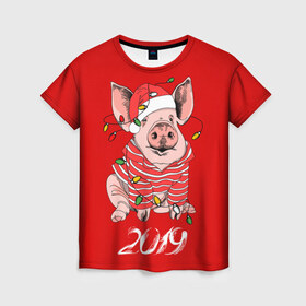 Женская футболка 3D с принтом Полосатый поросенок в Новосибирске, 100% полиэфир ( синтетическое хлопкоподобное полотно) | прямой крой, круглый вырез горловины, длина до линии бедер | 2019 | боров | гирлянда | год | голова | дед мороз | домашнее | елочная | животное | клаус | костюм | красная | мода | новый год | подарок | поздравление | полосатый | поросенок | праздник | профиль