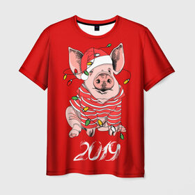 Мужская футболка 3D с принтом Полосатый поросенок в Новосибирске, 100% полиэфир | прямой крой, круглый вырез горловины, длина до линии бедер | Тематика изображения на принте: 2019 | боров | гирлянда | год | голова | дед мороз | домашнее | елочная | животное | клаус | костюм | красная | мода | новый год | подарок | поздравление | полосатый | поросенок | праздник | профиль