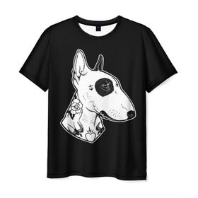Мужская футболка 3D с принтом Бультерьер в Новосибирске, 100% полиэфир | прямой крой, круглый вырез горловины, длина до линии бедер | dog | dogs | tattoo | бультерьер | пес | псы | собака | собакен | собаки | собачка | собачки | татуировка | татуировки | щенки | щенок | щеночек | щеночки