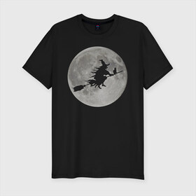 Мужская футболка премиум с принтом На фоне луны в Новосибирске, 92% хлопок, 8% лайкра | приталенный силуэт, круглый вырез ворота, длина до линии бедра, короткий рукав | Тематика изображения на принте: ведьма. метла. кот | луна | ночь | праздник | ужас | хэллоуин