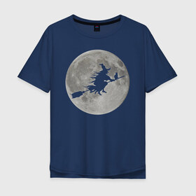 Мужская футболка хлопок Oversize с принтом На фоне луны в Новосибирске, 100% хлопок | свободный крой, круглый ворот, “спинка” длиннее передней части | Тематика изображения на принте: ведьма. метла. кот | луна | ночь | праздник | ужас | хэллоуин