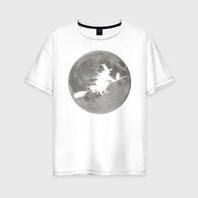 Женская футболка хлопок Oversize с принтом На фоне луны в Новосибирске, 100% хлопок | свободный крой, круглый ворот, спущенный рукав, длина до линии бедер
 | ведьма. метла. кот | луна | ночь | праздник | ужас | хэллоуин