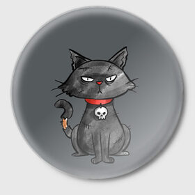Значок с принтом Кот бедолага в Новосибирске,  металл | круглая форма, металлическая застежка в виде булавки | кот | череп | черный