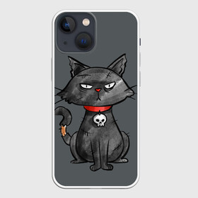 Чехол для iPhone 13 mini с принтом Кот бедолага в Новосибирске,  |  | кот | череп | черный
