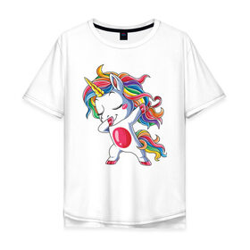 Мужская футболка хлопок Oversize с принтом Dabbing Unicorn в Новосибирске, 100% хлопок | свободный крой, круглый ворот, “спинка” длиннее передней части | Тематика изображения на принте: dab | dab единорог | dabbing unicorn | unicorn | единорог радуга | краски | прикольные картинки | радуга | радужные краски | радужный единорог
