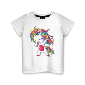 Детская футболка хлопок с принтом Dabbing Unicorn в Новосибирске, 100% хлопок | круглый вырез горловины, полуприлегающий силуэт, длина до линии бедер | Тематика изображения на принте: dab | dab единорог | dabbing unicorn | unicorn | единорог радуга | краски | прикольные картинки | радуга | радужные краски | радужный единорог