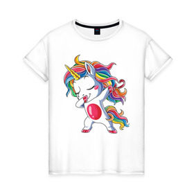 Женская футболка хлопок с принтом Dabbing Unicorn в Новосибирске, 100% хлопок | прямой крой, круглый вырез горловины, длина до линии бедер, слегка спущенное плечо | dab | dab единорог | dabbing unicorn | unicorn | единорог радуга | краски | прикольные картинки | радуга | радужные краски | радужный единорог