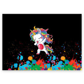Поздравительная открытка с принтом Радужный единорог в Новосибирске, 100% бумага | плотность бумаги 280 г/м2, матовая, на обратной стороне линовка и место для марки
 | dab | dab единорог | dabbing unicorn | unicorn | брызги красок | единорог радуга | краски | прикольные картинки | радуга | радужные краски | радужный единорог
