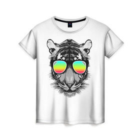 Женская футболка 3D с принтом Пляжный Тигр в Новосибирске, 100% полиэфир ( синтетическое хлопкоподобное полотно) | прямой крой, круглый вырез горловины, длина до линии бедер | africa | beach | desert | ocean | predator | sea | sun | tiger | tigers | африка | море | океан | очки | пляж | пустыня | солнце | тигр | тигренок | тигрица | тигрицы | тигры | тигрята | хищник