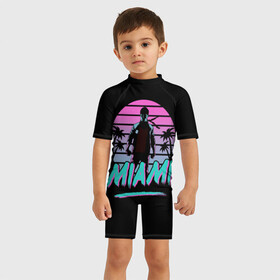 Детский купальный костюм 3D с принтом Майами в Новосибирске, Полиэстер 85%, Спандекс 15% | застежка на молнии на спине | beach | hot | miami | sun | usa | город | города | жара | лето | майами | море | ночь | отпуск | пальма | пальмы | пляж | солнце | сша