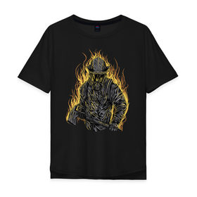 Мужская футболка хлопок Oversize с принтом Пожарный в Новосибирске, 100% хлопок | свободный крой, круглый ворот, “спинка” длиннее передней части | Тематика изображения на принте: искры | маска | мужик | мчс | огонь | охрана | пламя | пожар | пожарные | спасатели | топор | шлем
