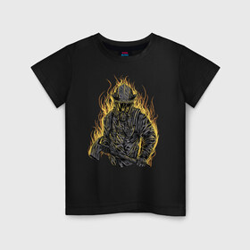 Детская футболка хлопок с принтом Пожарный в Новосибирске, 100% хлопок | круглый вырез горловины, полуприлегающий силуэт, длина до линии бедер | искры | маска | мужик | мчс | огонь | охрана | пламя | пожар | пожарные | спасатели | топор | шлем