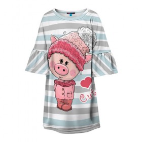 Детское платье 3D с принтом Милая свинка в Новосибирске, 100% полиэстер | прямой силуэт, чуть расширенный к низу. Круглая горловина, на рукавах — воланы | 2019 | боров | взгляд | год | домашнее | животное | костюм | красная | милая | мода | новый год | пальто | подарок | поздравление | поросенок | праздник | рисунок | рождество | румянец | с новым годом