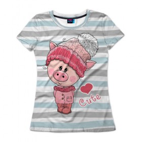 Женская футболка 3D с принтом Милая свинка в Новосибирске, 100% полиэфир ( синтетическое хлопкоподобное полотно) | прямой крой, круглый вырез горловины, длина до линии бедер | 2019 | боров | взгляд | год | домашнее | животное | костюм | красная | милая | мода | новый год | пальто | подарок | поздравление | поросенок | праздник | рисунок | рождество | румянец | с новым годом