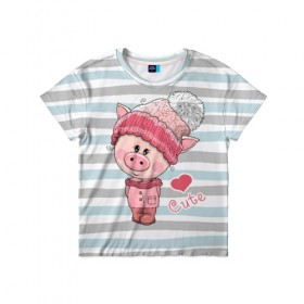 Детская футболка 3D с принтом Милая свинка в Новосибирске, 100% гипоаллергенный полиэфир | прямой крой, круглый вырез горловины, длина до линии бедер, чуть спущенное плечо, ткань немного тянется | Тематика изображения на принте: 2019 | боров | взгляд | год | домашнее | животное | костюм | красная | милая | мода | новый год | пальто | подарок | поздравление | поросенок | праздник | рисунок | рождество | румянец | с новым годом