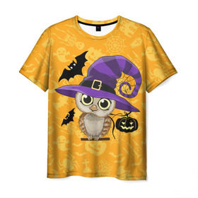Мужская футболка 3D с принтом Совушка и хэллоуин в Новосибирске, 100% полиэфир | прямой крой, круглый вырез горловины, длина до линии бедер | halloween | летучая мышь | подарок на хэллоуин | прикольная сова | сова | сова и хэллоуин | совушка | тыква | тыква на хэллоуин | хэллоуин