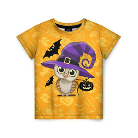 Детская футболка 3D с принтом Совушка и хэллоуин в Новосибирске, 100% гипоаллергенный полиэфир | прямой крой, круглый вырез горловины, длина до линии бедер, чуть спущенное плечо, ткань немного тянется | halloween | летучая мышь | подарок на хэллоуин | прикольная сова | сова | сова и хэллоуин | совушка | тыква | тыква на хэллоуин | хэллоуин