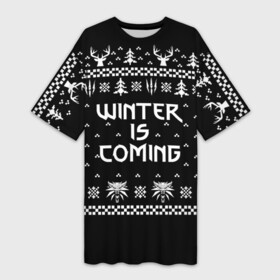 Платье-футболка 3D с принтом ВЕДЬМАК НОВОГОДНИЙ в Новосибирске,  |  | christmas | hunter | snow | the witcher | wild hunt | winter | winter is coming | ведьмак | геральт | дикая охота | зима близко | монстры | новогодний | новый год | охотник | снег | трисс | цири