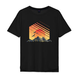 Мужская футболка хлопок Oversize с принтом Закат солнца над горами в Новосибирске, 100% хлопок | свободный крой, круглый ворот, “спинка” длиннее передней части | 