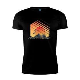 Мужская футболка премиум с принтом Закат солнца над горами в Новосибирске, 92% хлопок, 8% лайкра | приталенный силуэт, круглый вырез ворота, длина до линии бедра, короткий рукав | Тематика изображения на принте: 