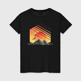 Женская футболка хлопок с принтом Закат солнца над горами в Новосибирске, 100% хлопок | прямой крой, круглый вырез горловины, длина до линии бедер, слегка спущенное плечо | 
