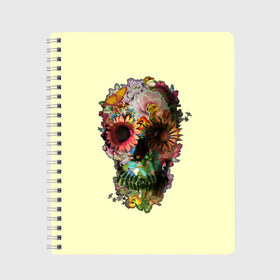 Тетрадь с принтом Цветочный Череп в Новосибирске, 100% бумага | 48 листов, плотность листов — 60 г/м2, плотность картонной обложки — 250 г/м2. Листы скреплены сбоку удобной пружинной спиралью. Уголки страниц и обложки скругленные. Цвет линий — светло-серый
 | bone | bones | flower | flowers | skeleton | skeletons | skull | skulls | кости | кость | скелет | скелеты | цветок | цветочки | цветочный | цветы | череп | черепа | черепок