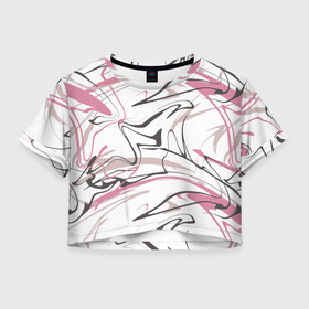 Женская футболка Cropp-top с принтом Хаотичные линии в Новосибирске, 100% полиэстер | круглая горловина, длина футболки до линии талии, рукава с отворотами | абстракция | розовый | цвет | черный