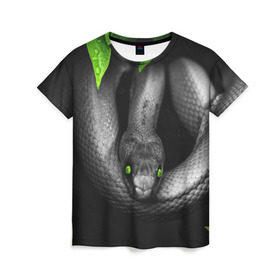 Женская футболка 3D с принтом Змея в Новосибирске, 100% полиэфир ( синтетическое хлопкоподобное полотно) | прямой крой, круглый вырез горловины, длина до линии бедер | гадюка | животные | змея | листья | природа | удав | черно белое | черное и белое