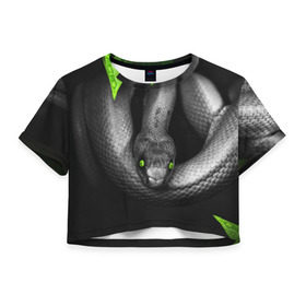 Женская футболка Cropp-top с принтом Змея в Новосибирске, 100% полиэстер | круглая горловина, длина футболки до линии талии, рукава с отворотами | гадюка | животные | змея | листья | природа | удав | черно белое | черное и белое