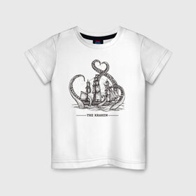 Детская футболка хлопок с принтом Кракен в Новосибирске, 100% хлопок | круглый вырез горловины, полуприлегающий силуэт, длина до линии бедер | Тематика изображения на принте: корабль | кракен | монстр | море | осьминог