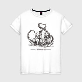 Женская футболка хлопок с принтом Кракен в Новосибирске, 100% хлопок | прямой крой, круглый вырез горловины, длина до линии бедер, слегка спущенное плечо | корабль | кракен | монстр | море | осьминог
