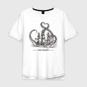 Мужская футболка хлопок Oversize с принтом Кракен в Новосибирске, 100% хлопок | свободный крой, круглый ворот, “спинка” длиннее передней части | корабль | кракен | монстр | море | осьминог