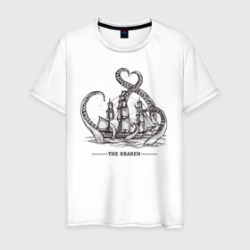 Мужская футболка хлопок с принтом Кракен в Новосибирске, 100% хлопок | прямой крой, круглый вырез горловины, длина до линии бедер, слегка спущенное плечо. | корабль | кракен | монстр | море | осьминог
