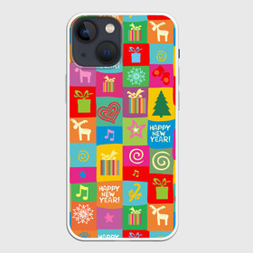 Чехол для iPhone 13 mini с принтом Новогодний коллаж в Новосибирске,  |  | белый | боров | варежки | год | голова | горошек | дед | дерево | домашняя | елка | животное | зима | кабан | клаус | красная | мороз | новый го | ноты | олень | поросенок | пятачок | с новым годом | санта