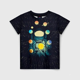 Детская футболка 3D с принтом Космический жонглер в Новосибирске, 100% гипоаллергенный полиэфир | прямой крой, круглый вырез горловины, длина до линии бедер, чуть спущенное плечо, ткань немного тянется | астронавт | венера | вселенная | галактика | звезда | земля | космонавт | космос | марс | меркурий | планеты | сатурн | свет | скафандр | солнце | стекло | тени | уран | юпитер