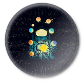 Значок с принтом Космический жонглер в Новосибирске,  металл | круглая форма, металлическая застежка в виде булавки | Тематика изображения на принте: астронавт | венера | вселенная | галактика | звезда | земля | космонавт | космос | марс | меркурий | планеты | сатурн | свет | скафандр | солнце | стекло | тени | уран | юпитер