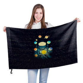 Флаг 3D с принтом Космический жонглер в Новосибирске, 100% полиэстер | плотность ткани — 95 г/м2, размер — 67 х 109 см. Принт наносится с одной стороны | астронавт | венера | вселенная | галактика | звезда | земля | космонавт | космос | марс | меркурий | планеты | сатурн | свет | скафандр | солнце | стекло | тени | уран | юпитер