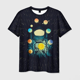 Мужская футболка 3D с принтом Космический жонглер в Новосибирске, 100% полиэфир | прямой крой, круглый вырез горловины, длина до линии бедер | астронавт | венера | вселенная | галактика | звезда | земля | космонавт | космос | марс | меркурий | планеты | сатурн | свет | скафандр | солнце | стекло | тени | уран | юпитер