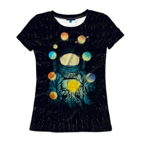 Женская футболка 3D с принтом Космический жонглер в Новосибирске, 100% полиэфир ( синтетическое хлопкоподобное полотно) | прямой крой, круглый вырез горловины, длина до линии бедер | астронавт | венера | вселенная | галактика | звезда | земля | космонавт | космос | марс | меркурий | планеты | сатурн | свет | скафандр | солнце | стекло | тени | уран | юпитер