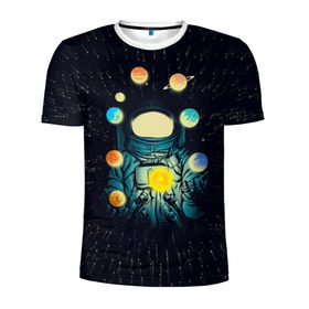 Мужская футболка 3D спортивная с принтом Космический жонглер в Новосибирске, 100% полиэстер с улучшенными характеристиками | приталенный силуэт, круглая горловина, широкие плечи, сужается к линии бедра | астронавт | венера | вселенная | галактика | звезда | земля | космонавт | космос | марс | меркурий | планеты | сатурн | свет | скафандр | солнце | стекло | тени | уран | юпитер