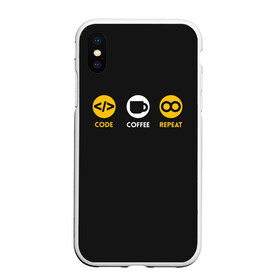 Чехол для iPhone XS Max матовый с принтом Code Coffee Repeat в Новосибирске, Силикон | Область печати: задняя сторона чехла, без боковых панелей | admin | administrator | calm | code | coder | coding | engineer | job | keep | programmer | администратор | айти | инженер | код | кодинг | программа | программист | профессия | сисадмин