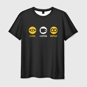 Мужская футболка 3D с принтом Code Coffee Repeat в Новосибирске, 100% полиэфир | прямой крой, круглый вырез горловины, длина до линии бедер | admin | administrator | calm | code | coder | coding | engineer | job | keep | programmer | администратор | айти | инженер | код | кодинг | программа | программист | профессия | сисадмин